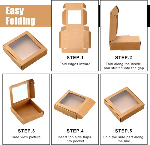Miniatura 7 de Zonon 30 cajas de papel kraft con ventana de 4.13 x 4.13 x 1.18 pulgadas, para embalaje de caramelos, cajas de regalo pequeñas, soporte para Marrón