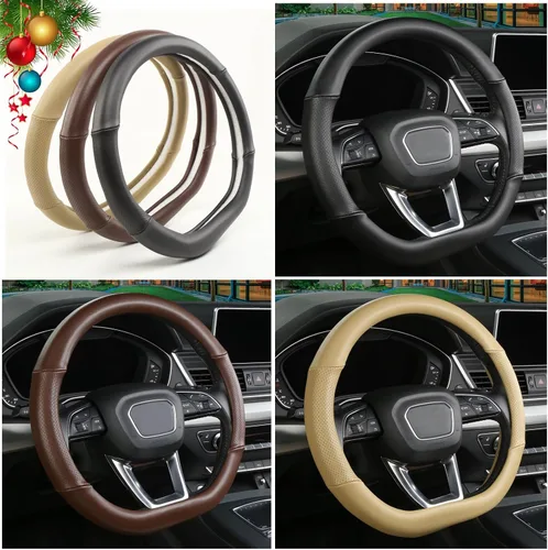 Miniatura 6 de Cxtiy Funda para volante en forma de D, de piel auténtica, parte inferior plana, accesorios de automóvil de lujo de 14 1/2-15 pulgadas (negro)