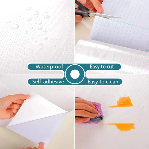 Miniatura 7 de VEELIKE Papel tapiz texturizado de madera blanca de 15.7 x 354 pulgadas y papel de contacto, vinilo de grano de madera plateada para encimeras