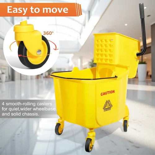 Miniatura 3 de Cubo comercial de 38 cuartos de galón con escurridor de prensa lateral sobre ruedas, juego industrial amarillo para limpieza de pisos, incluye 1