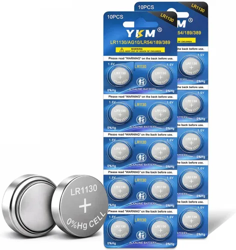YKM - Paquete de 20 pilas LR1130 (AG10, L1131f, L1131, L1131c, 389, 390, LR54, 1130) de 1.5V alcalinas para calculadora, reloj, celda de botón