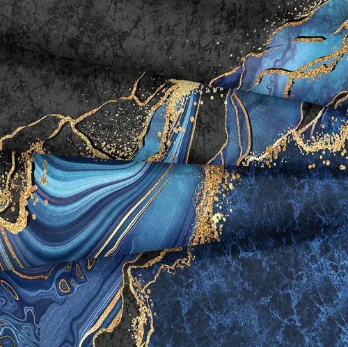 Miniatura 5 de Juego de funda de edredón individual de mármol azul y dorado, estilo retro, estilo abstracto, mármol, río, montaña, patrón negro y azul, juego