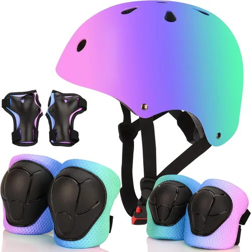 Miniatura 7 de Casco de bicicleta ajustable con gradiente de color y coderas y rodilleras - Casco para niños y niñas para patinaje, edades 3-14 Ideal