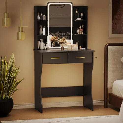 Miniatura 7 de BORNOON Escritorio de tocador con espejo y luces, pequeño escritorio de maquillaje con estación de carga, mesa de tocador de dormitorio con cajones