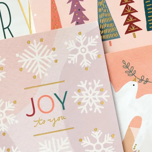 Miniatura 5 de Hallmark Surtido de tarjetas de Navidad en caja boho (16 tarjetas y sobres) rosa pastel, morado, verde esmeralda, paloma