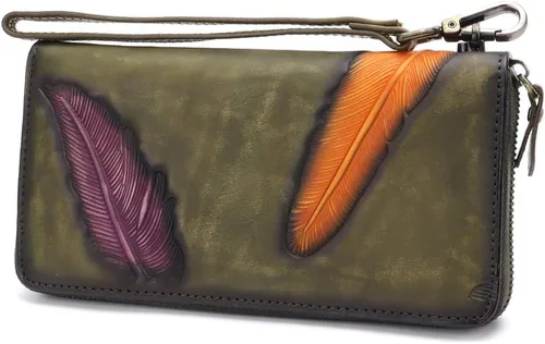 Cartera de cuero genuino con cremallera alrededor de la muñeca bolso largo vintage en relieve de piel de vaca capacidad embrague hecho a mano,