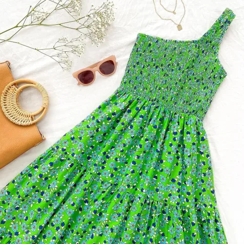 Miniatura 4 de ZESICA Vestido largo midi de verano bohemio con estampado floral de un hombro, sin mangas, fruncido con volantes, escalonado, para playa