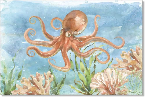 Miniatura 16 de Arte de Lienzo de Pulpo para Pared Pintura Temática de Vida Oceánica Imagen de Animal Marino Azul y Dorado Obra de Arte Costera Imagen de Pulpo