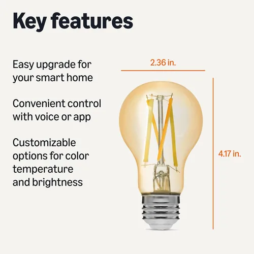 Miniatura 2 de Amazon Basics Bombilla LED de filamento inteligente A19, blanco sintonizable, Wi-Fi de 2.4 GHz, funciona solo con Alexa, paquete de 1