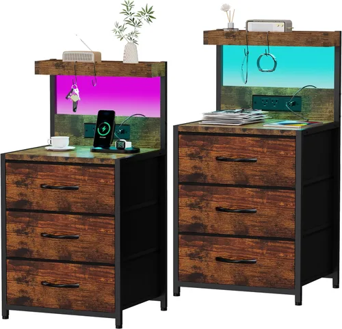 Miniatura 13 de SZLHANJZ - Mesita de noche LED con estación de carga, mesita de noche con 3 cajones y luces, mesa auxiliar de almacenamiento con estante y ganchos