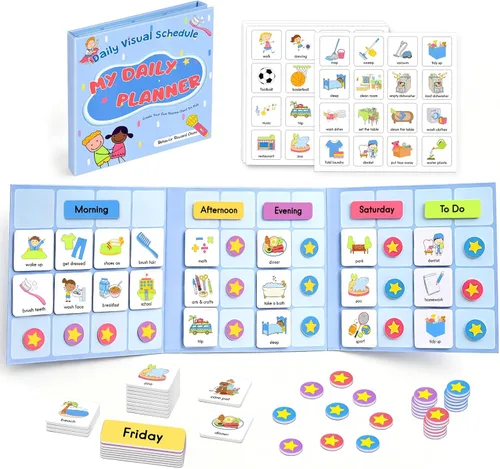 Calendario visual para niños, 170 tarjetas visuales magnéticas y tablero magnético de tres pliegues, tabla de rutina diaria para autismo, TDAH,