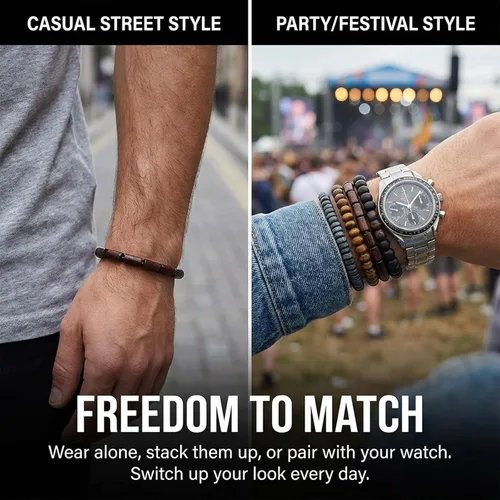 Miniatura 7 de TIESOME 6 pulseras de cuentas para hombre, cuentas de madera multicapa y pulseras de cuero trenzado, cordón elástico ajustable, estilo grunge