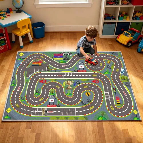 Miniatura 8 de Alfombra para Niños, Alfombras de Tapete de Juego de Pista de Carreras 47×31 pulgadas, Alfombra para Niños con Respaldo de Goma, Línea de Salida