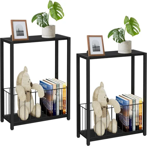 Homleke Juego de 2 mesas laterales estrechas con soporte para revistas, mesas auxiliares delgadas perfectas para espacios pequeños, diseño que Negro