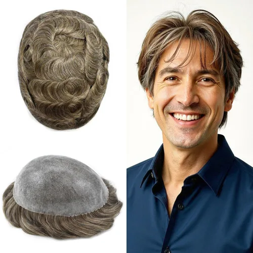 Miniatura 59 de Toupee para hombres de piel fina inyección de PU unidad de peluca para hombre, pieza de cabello humano natural real, sistema de repuesto