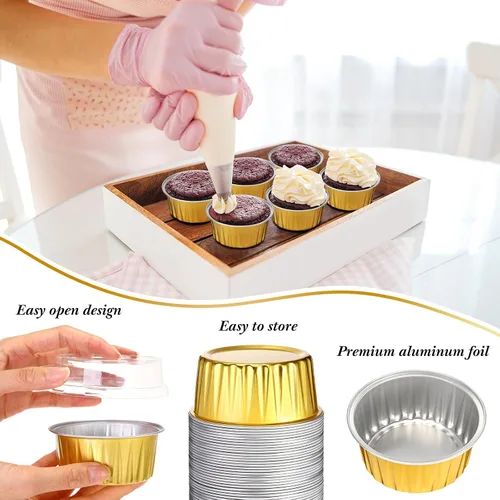 Miniatura 2 de Gejoy 400 Piezas Moldes de Papel de Aluminio para Hornear con Tapas 5 oz Moldes Desechables Ramekins Mini Moldes para Pasteles Crème Brûlée Moldes