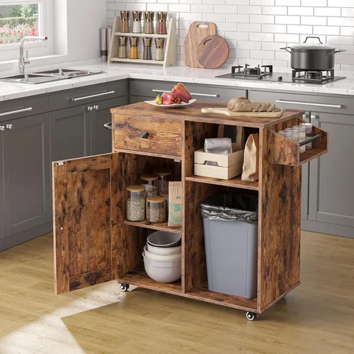 Miniatura 8 de HOOBRO Isla de cocina, armario de almacenamiento con cajón, carrito de cocina con especias y toallero, ahorro de espacio, fácil montaje, para sala