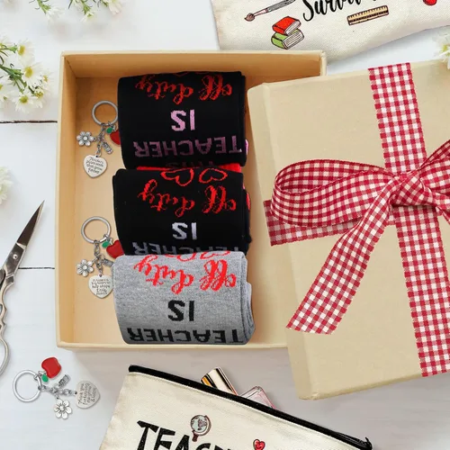 Miniatura 4 de Sureio Juego de 9 piezas de regalo de agradecimiento a los profesores, bolsas de supervivencia de flores, calcetines divertidos y llaveros