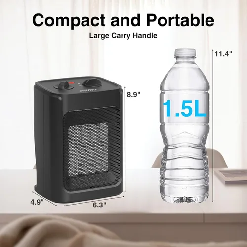 Miniatura 7 de Calentador de espacio portátil eléctrico - JNDRO 1500 W/1000 W, calentador de cerámica mini seguro y silencioso, calienta hasta 200 pies cuadrados