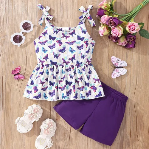Miniatura 2 de zarmfly Conjunto de ropa de verano para niñas pequeñas, conjunto de 2 piezas con nudo de corbata, hombros descubiertos, sin mangas, con volantes