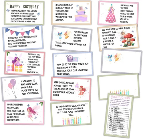 Miniatura 8 de Tarjetas de pistas de búsqueda del tesoro de cumpleaños, juego de búsqueda del tesoro de pasteles, juego de 19 tarjetas y 18 sobres, juego