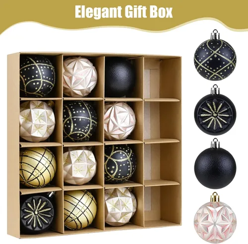 Miniatura 6 de 16 piezas de esferas decorativas de Navidad - Decoraciones para árbol de Navidad de 2.36 pulgadas en negro y dorado, bolas colgantes inastillables