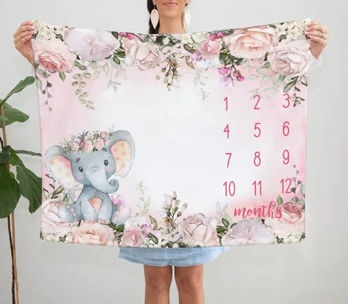 Miniatura 4 de Yuzioey - Manta mensual de hitos para bebé, manta de mes de elefante floral para baby shower, manta de flores de elefante rosa, manta mensual