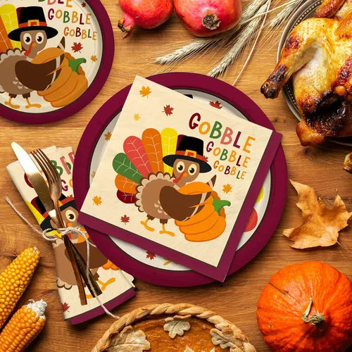 Miniatura 3 de Kit de suministros para fiesta de Acción de Gracias con tema de pavo, vajilla desechable de otoño incluye, platos de papel para cena, platos