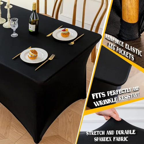 Miniatura 2 de Famstar Paño de Mesa Negro de 4 Pies de Elastano, Paño de Mesa Ajustado para Mesas Rectangulares, Fundas Elásticas Lavables Sin Arrugas