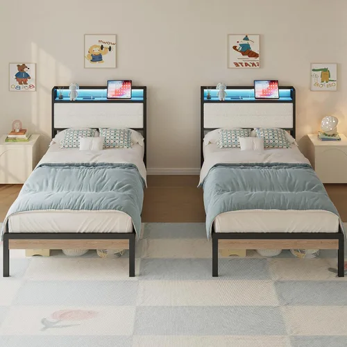 Miniatura 5 de LIKIMIO Base de cama individual con cabecera de almacenamiento y luces LED, plataforma de metal con estación de carga, sin ruido, no necesita