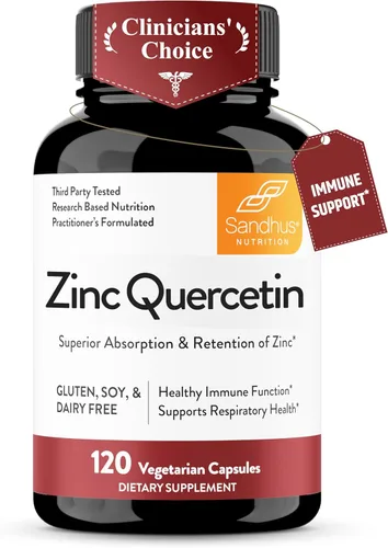 Sandhu's - Cápsulas vegetarianas de zinc y quercetina, suplementos de zinc para el refuerzo inmunológico, antioxidante, sin gluten, soja ni lácteos,