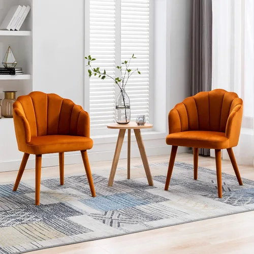 Miniatura 11 de Juego de 2 sillas de comedor de terciopelo modernas con respaldo de pétalos y patas de madera, cómodas sillas laterales tapizadas para comedor, Negro