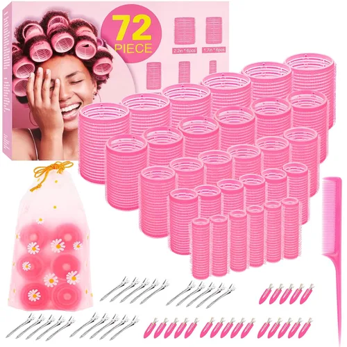 YHOVID - Juego de rodillos de cabello, 72 piezas, rizadores para look de peinado largo y corto, 5 tamaños, 30 rodillos grandes y pequeños, 40 pinzas