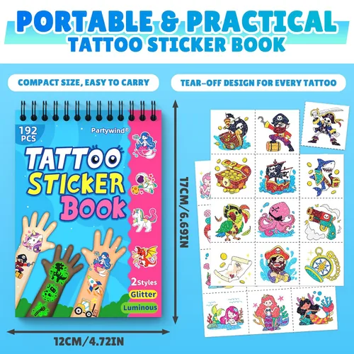 Miniatura 5 de Partywind Libro de tatuajes temporales con brillo y purpurina de 192 estilos para niños, 16 temas, tatuajes temporales para niños, recuerdos