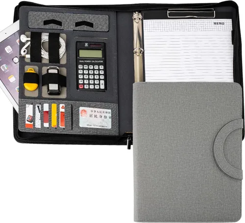 Miniatura 8 de Portafolio de cuero, organizador de conferencias de negocios, bloc de notas, bolsa para mujeres/hombres (con calculadora, negro)