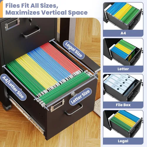 Miniatura 5 de Archivador de 2 cajones con cerradura, archivador vertical móvil para colgar carpetas tamaño A4/carta/legal, debajo del escritorio, pequeños