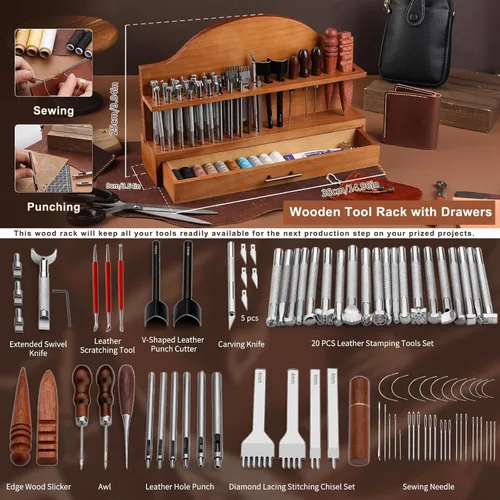 Miniatura 3 de BUTUZE Herramientas de cuero, kit de manualidades de cuero con estante de herramientas de cuero, kit de herramientas de trabajo de cuero
