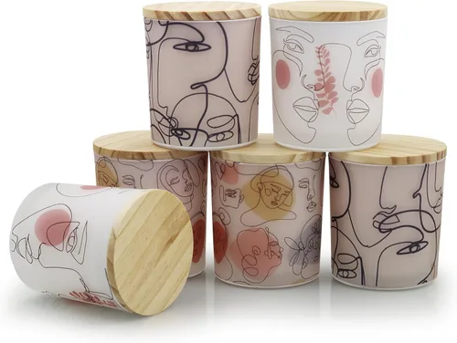 SHMILMH Tarros de vela de vidrio esmerilado para hacer velas con tapas de madera, frascos gruesos y vacíos con caras humanas abstractas de colores a