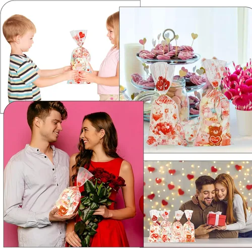 Miniatura 7 de Bolsas de celofán para dulces de San Valentín, 100 piezas de bolsas de dulces de San Valentín, bolsa de regalo de celofán de plástico para galletas