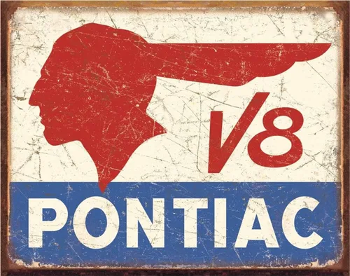 Desperate Enterprises Pontiac V8 - Letrero de estaño para decoración de pared de metal vintage nostálgico, fabricado en Estados Unidos