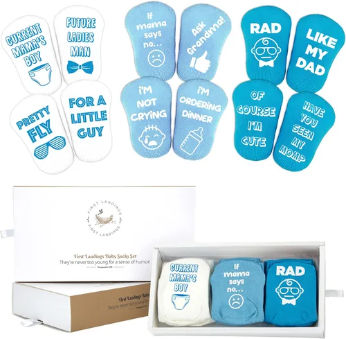 First Landings Juego de regalo de calcetines para bebé 6 pares de calcetines para bebés con citas adorables embalaje listo para regalo color azul