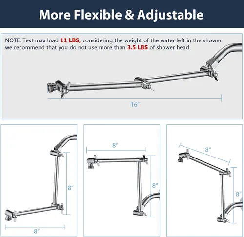 Miniatura 6 de PDPBath Brazo de extensión de cabezal de ducha de latón de 16 pulgadas, extensor de brazo de ducha ajustable en altura y ángulo flexible con juntas