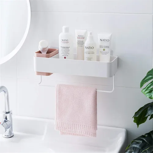 Miniatura 8 de Organizador de pared para baño, adhesivo de almacenamiento, pequeño apartamento básico para ducha, color verde