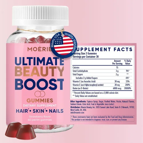 Miniatura 2 de Moerie Gomitas para el cabello, piel y uñas, para mujeres y hombres, biotina para pérdida de cabello, vitaminas gomosas y suplementos dietéticos