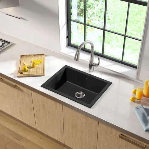 Miniatura 3 de KRAUS Quarza - Fregadero de cocina de granito de instalación empotrada/sobre encimera de un solo seno de 24 pulgadas, color negro ónix, KGD-410B