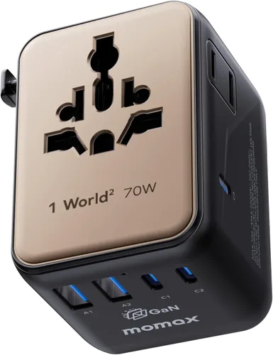 Miniatura 17 de MOMAX Mini Adaptador de Viaje Universal 7 en 1, Adaptador de Corriente Internacional GaN 70W, 2 AC, 3 USB-C PD de Carga Rápida y 2 USB-A QC, Negro