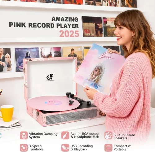Miniatura 2 de Tocadiscos de vinilo Bluetooth con altavoces integrados, tocadiscos portátil vintage con diseño floral, fonógrafo de vinilo de 3 velocidades