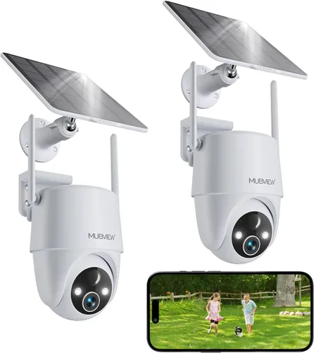 MUBVIEW - Cámaras de seguridad solar 2K inalámbricas para exteriores, cámara PTZ de 360° con batería para exteriores, cámara de seguridad WiFi de