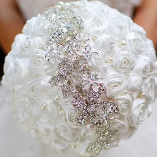 Miniatura 4 de Novia sosteniendo flores, ramo de novia romántico de 8 pulgadas con flores de color rosa, ramo de novia púrpura y rosa (marfil)