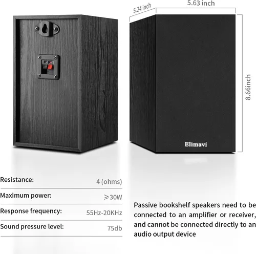 Miniatura 6 de Elimavi Altavoces pasivos para estantería, diseño de 2 vías con woofer de 4 pulgadas y tweeter de cuerno de seda de 1 pulgada, graves de 60 Hz